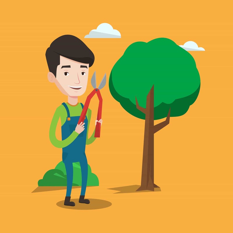 Cartoon image of a man trimming a tree with a pair of loppers